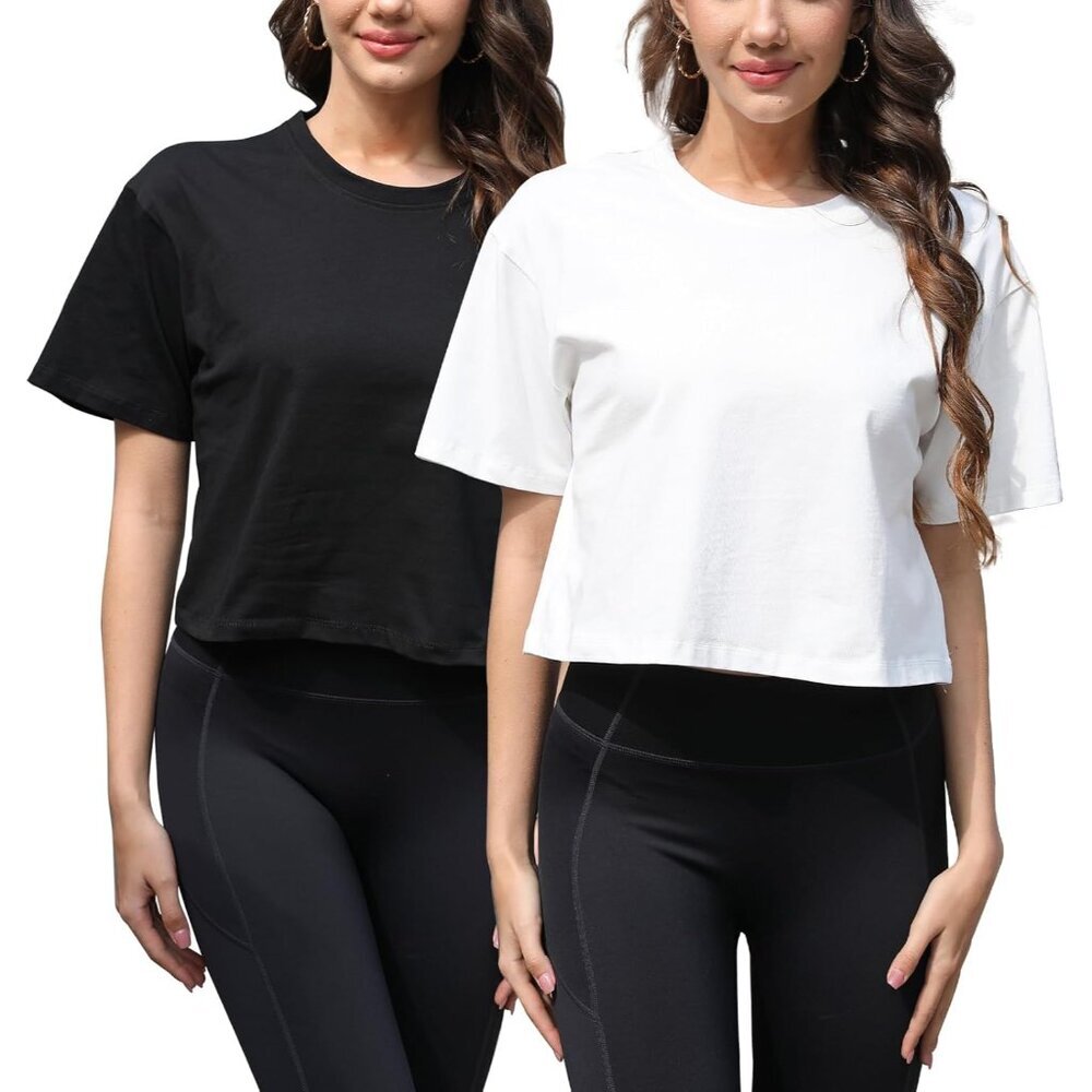 Women Cotton Crop Top Oversized Loose Fit Short Sleeve for Yoga Running